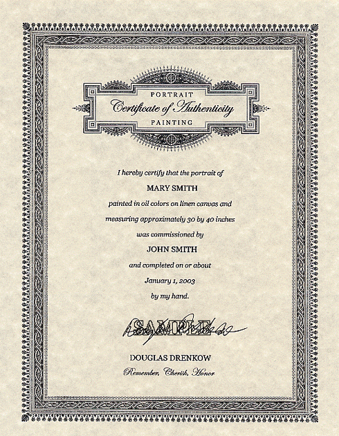 Certificate of Authenticity for Portrait Paintings by Portrait Artist Douglas Drenkow