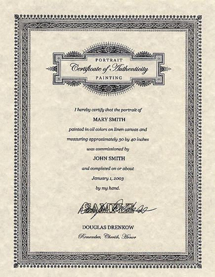 Sample Certificate of Authenticity for Portrait Painting